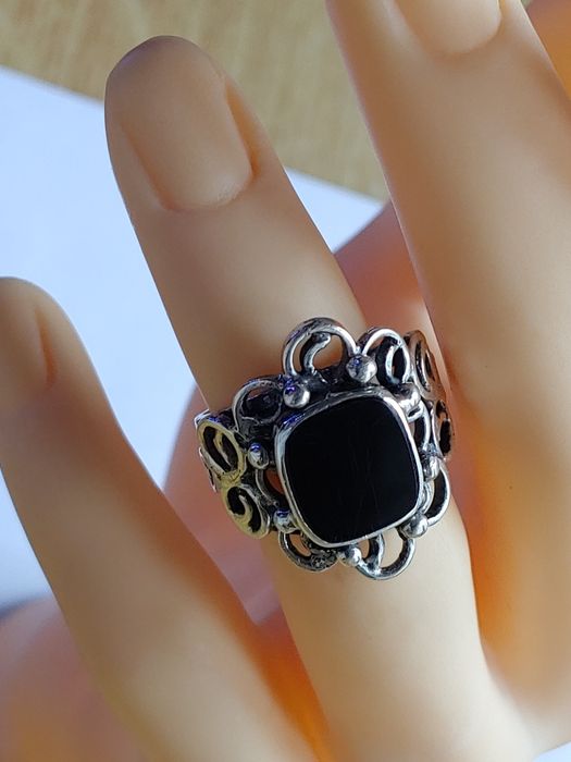 Orno stary srebrny pierścionek onyx PRL srebro rękodzieło