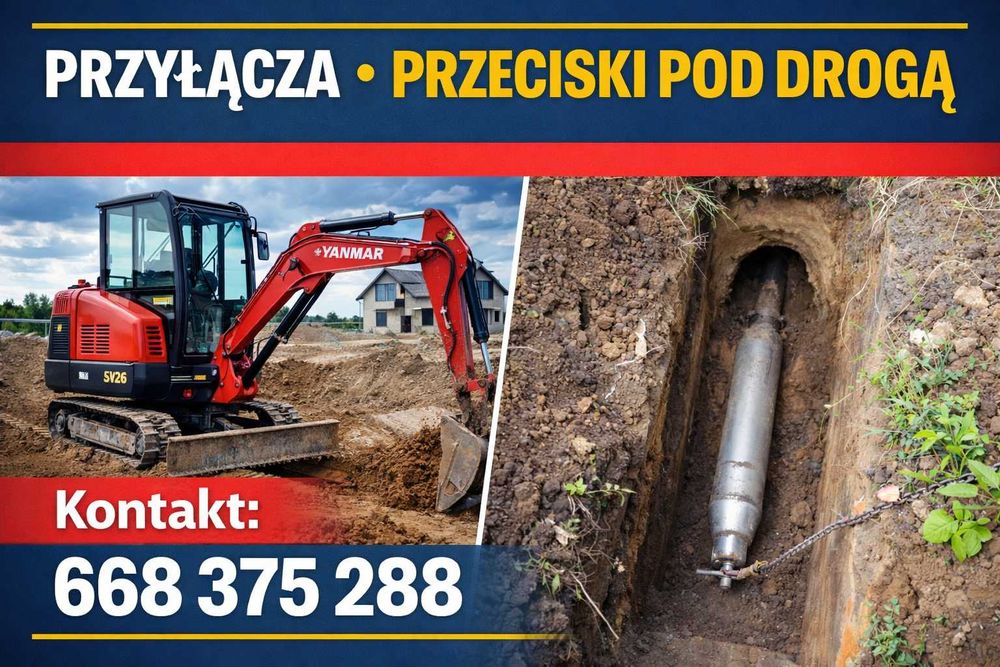 Przeciski pod drogami,  , usługi minikoparką Yanmar , przyłącza