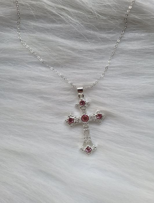 Nowy srebrny naszyjnik łańcuszek z przywieszka krzyż  coquette lolita