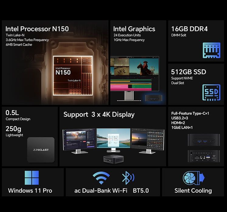 Міні ПК Teclast mini PC N30 (N150/16/512) Windows 11 (TL-112829)
