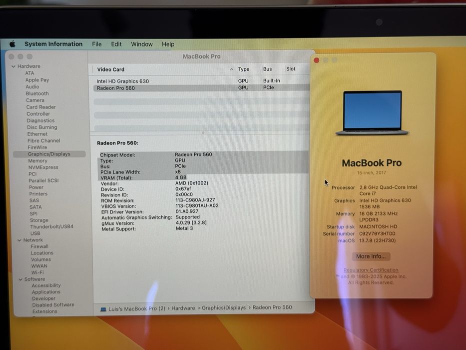 Macbook Pro 15” i7 Quad-core Touchbar 1TB SSD 16GB RAM Radeon Pro 560 Graphics 4GB