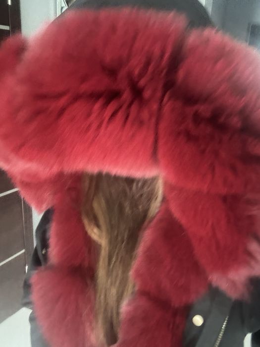 Piekna parka plaszcz futro naturalne lis bordo s/m