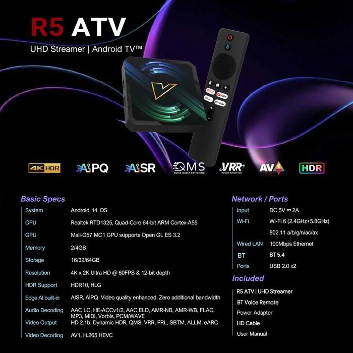 Смарт приставка VONTAR R5 Realtek1325 4/32Gb Android TV14