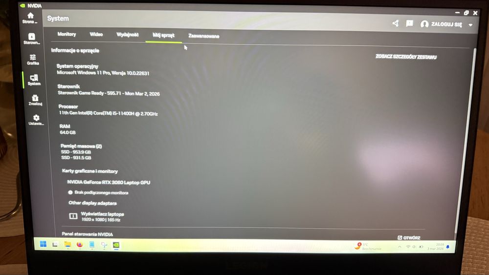 Gaming Lenovo Legion 5 RTX 3060 64gb ram 2tb ssd Win 11 Pro  - idealny