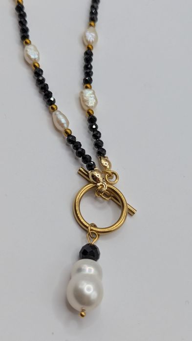 Naszyjnik, czarny turmalin, perła słodkowodna