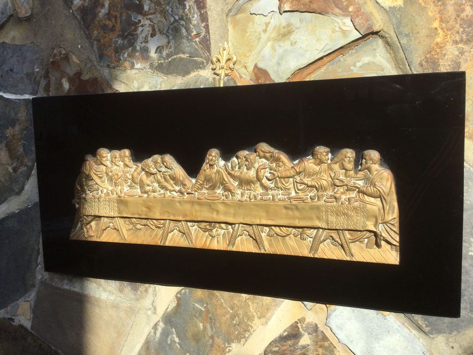 Ceia de Cristo Bronze Vidro Assinada Barbeitos Lisboa 74 cm