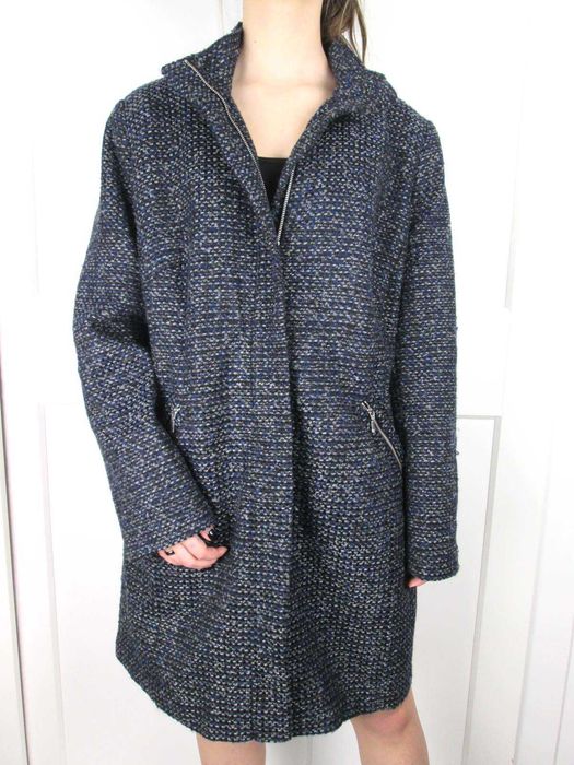 Granatowy wełniany tweedowy płaszcz kurtka 12% wełna 20 3XL 4XL