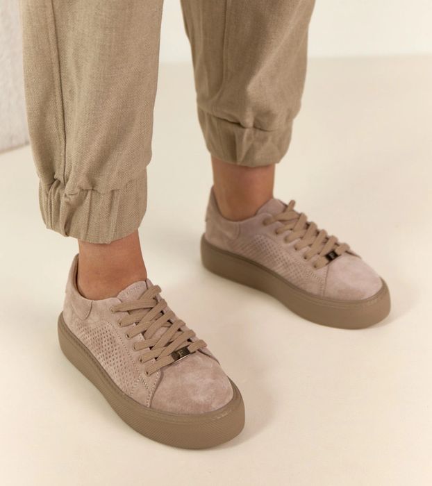 Beżowe Skórzane Sneakersy Na Platformie Filippo
