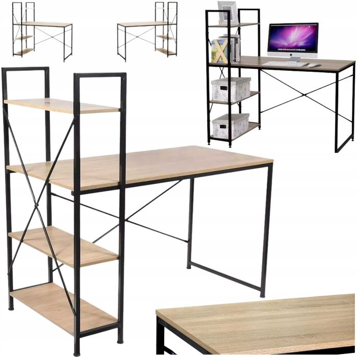 BIURKO KOMPUTEROWE Szkolne Nowoczesne LOFT metalowe z Regałem Półkami