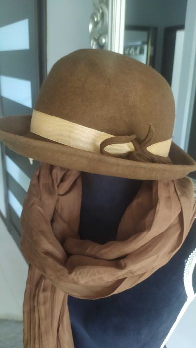 Komplet - kapelusz nowy filcowy - małe rondko wstążka rypsowa