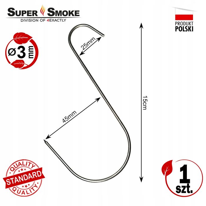 Hak Wędzarniczy SuperSmoke typu "S" do mięs i wędlin 3mm 15cm Standard
