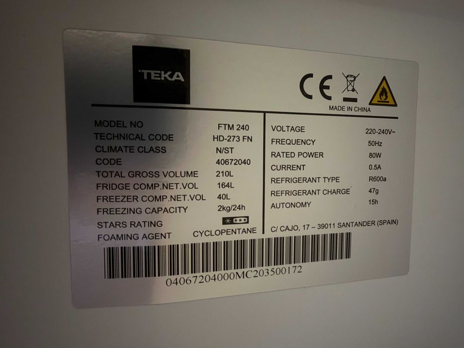 Frigorífico TEKA FTM 240 (Como Novo - Usado apenas 2 verões)