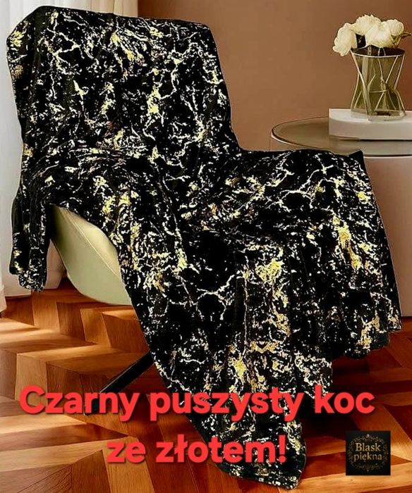 Puszysty koc ze złotem - czarny