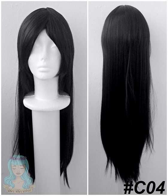 Długa czarna prosta peruka z grzywką cieniowana cosplay czarny wig