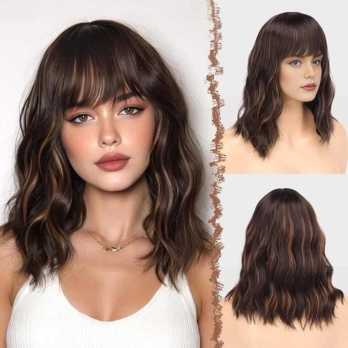 Peruka Damska FESHFEN Bob Falowany z Grzywką Brąz Highlight 35 cm