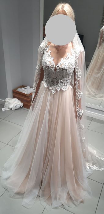 Suknia ślubna 34/36 piękna delikatna ecru, brzoskwiniowa boho glam