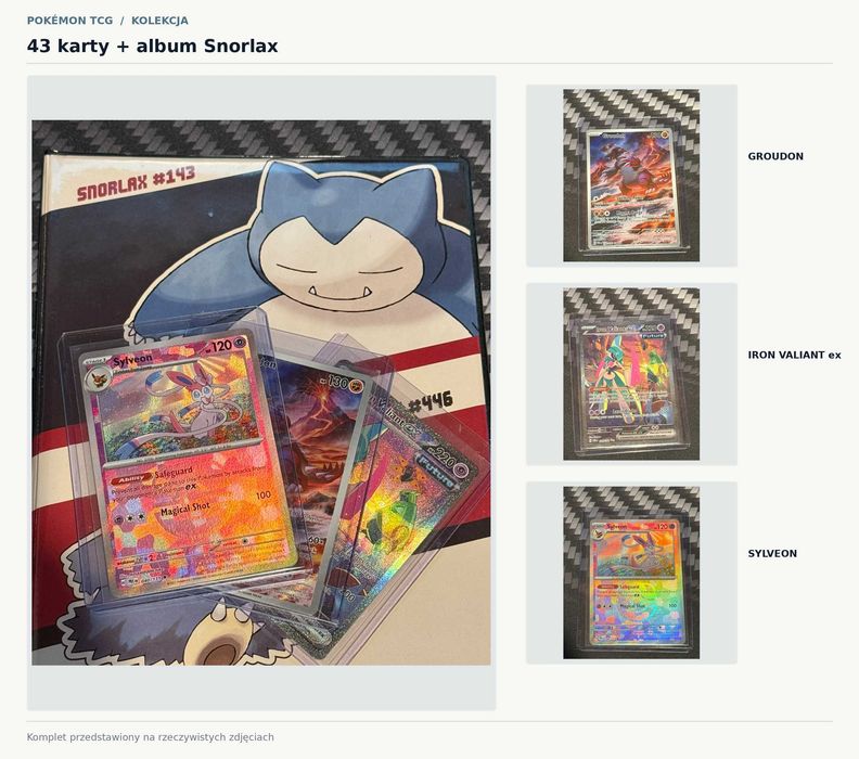 Kolekcja 43 kart Pokémon TCG + album Snorlax – tylko 800 zł za całość!