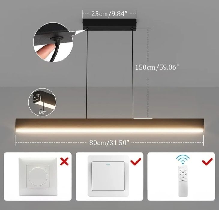 Lampa wisząca sufitowa Led 3000k 6000K 24W ściemniana pilot 80cm Klig