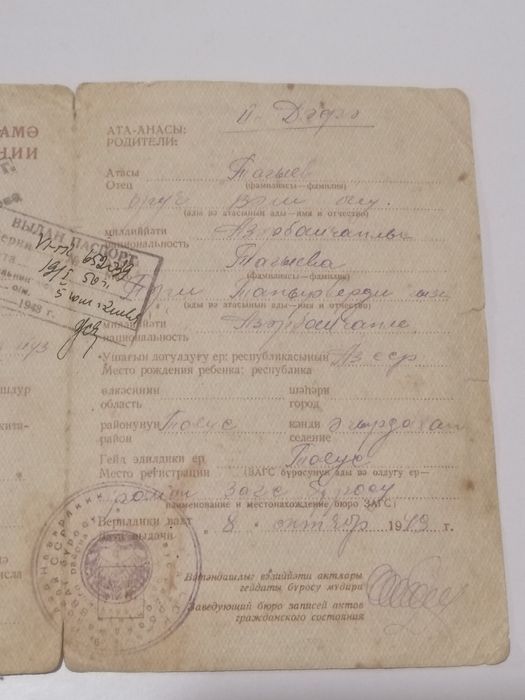 Свидетельство о рождении Азербайджанская ССР