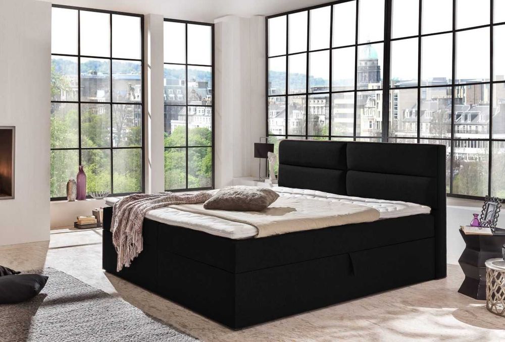 Łóżko kontynentalne z pojemnikami, materac sprężynowy wbudowany