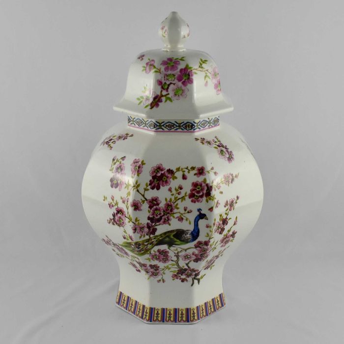 Pote/Jarrão porcelana China decoração Pavão flores caracteres Chineses