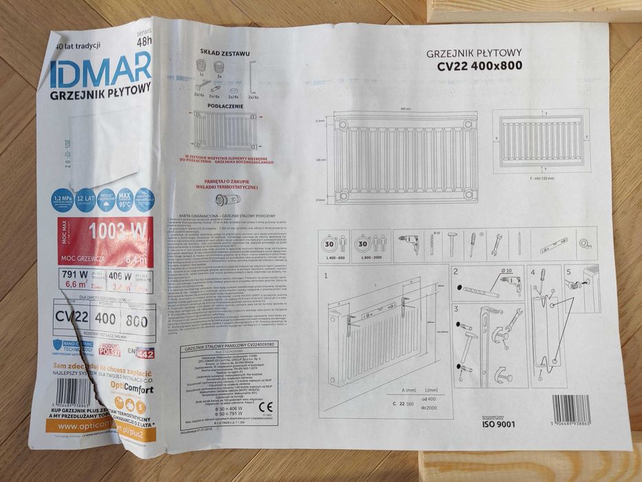 Nowy grzejnik IDMAR CV22 400x800 moc 1003W