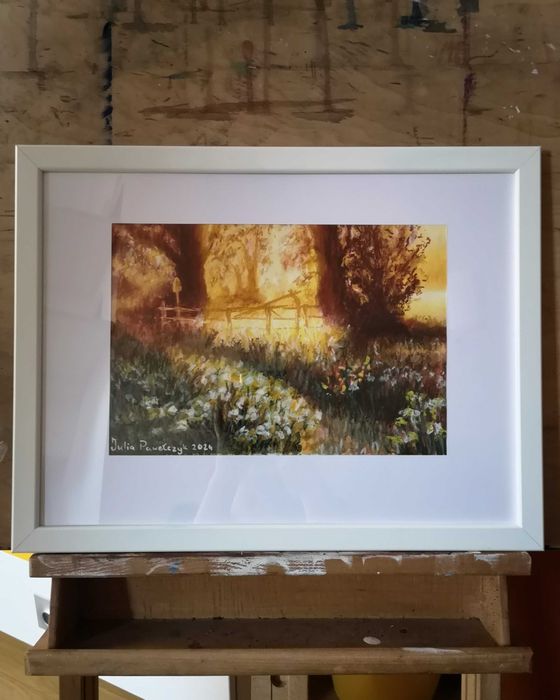 Oryginalny obraz w ramie wschód słońca nad łąką pejzaż leśny