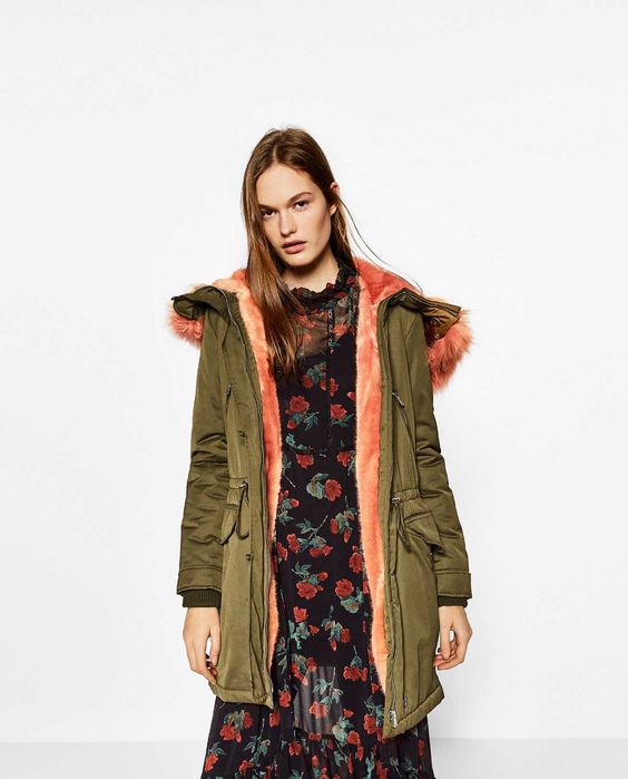 ZARA Luksusowa KURTKA parka kołnierz futerkowy khaki S