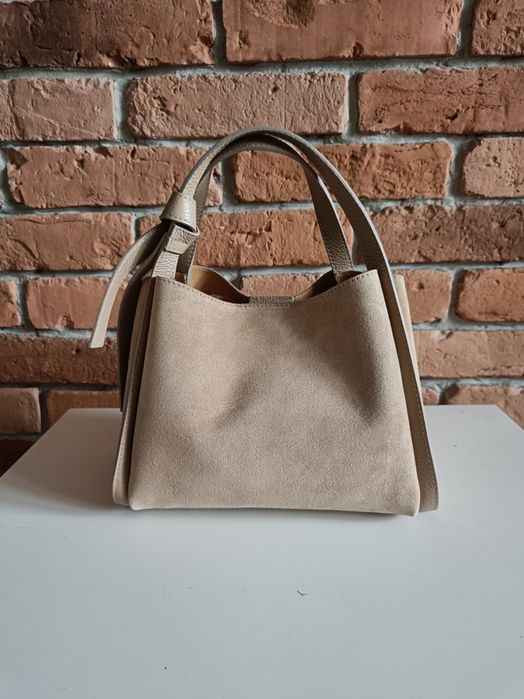 Torebka włoska skóra naturalna zamszowa na ramię i do ręki beżowa