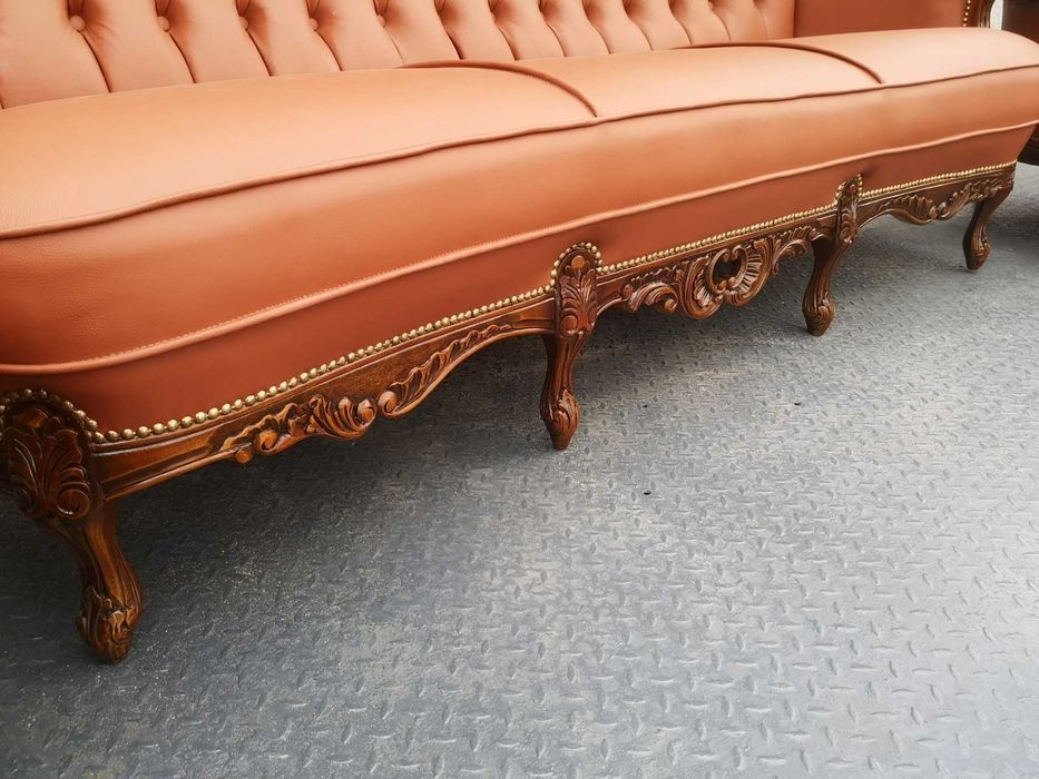 Cudowny komplet po renowacji! Koniakowa skóra! Sofa i dwa fotele!