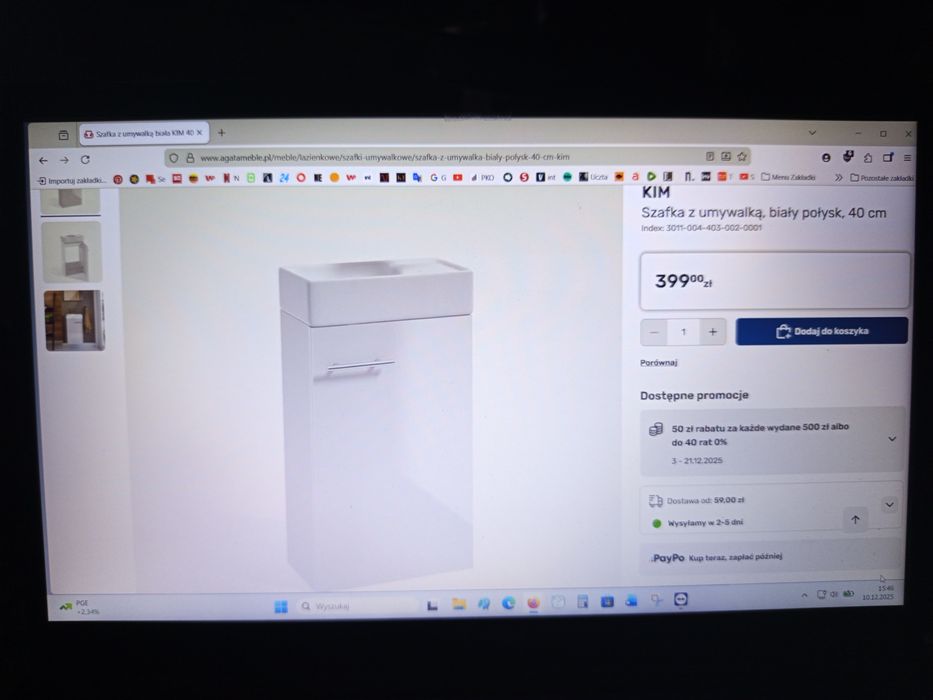 Szafka biała KIM 40 cm, wisząca pod umywalkę, lakier biały, błyszczący