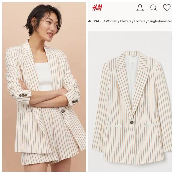 H&M S jednorzędowa marynarka w paski biało-beżowa