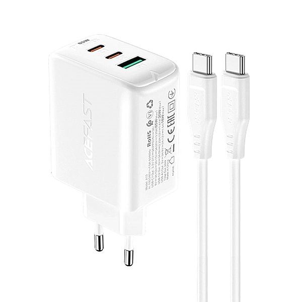Acefast 2w1 ładowarka sieciowa 2x Usb-c / Usb-a 65w, Pd, Qc 3.0, Afc,
