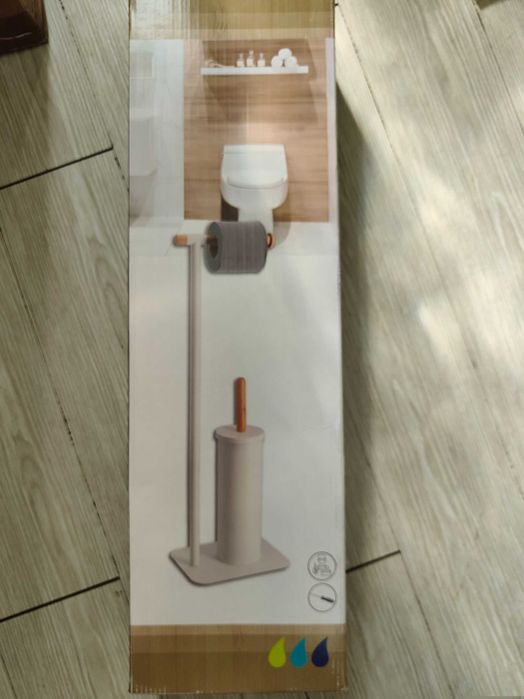 Porta rolos wc branco com escova em metal e bambu
