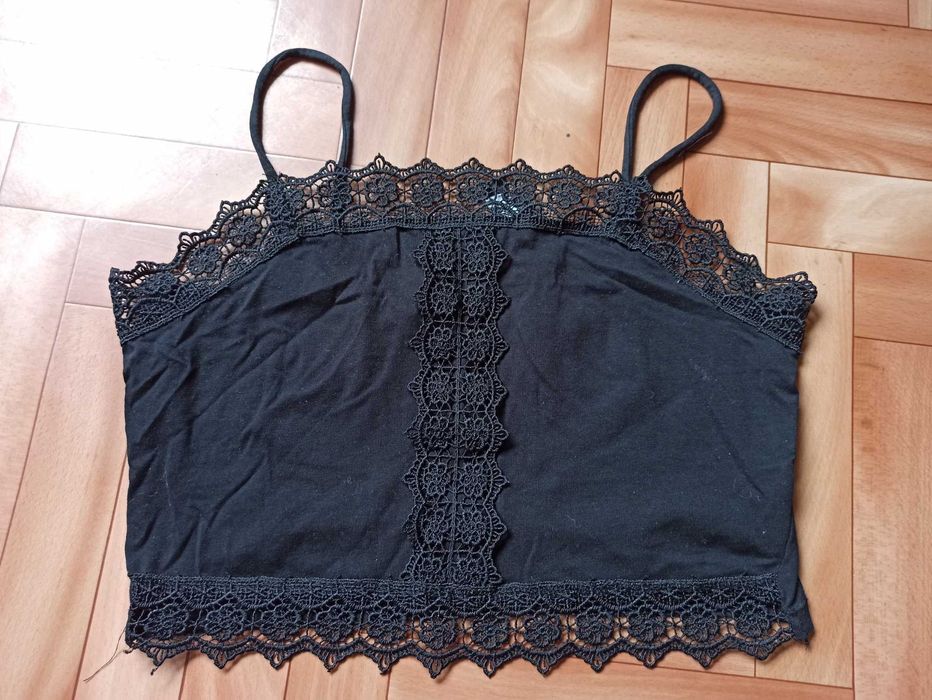 Krótki top koszulka bokserka t-shirty Czarny koronka XXS