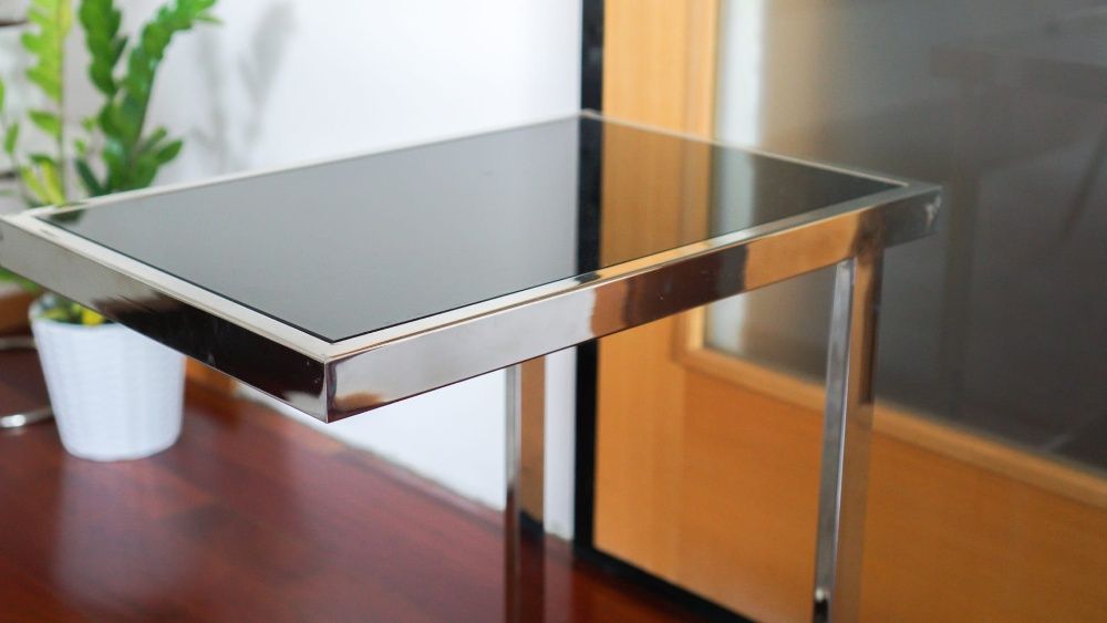 Mesa de apoio em inox e tampo em vidro lacado preto - cbhome