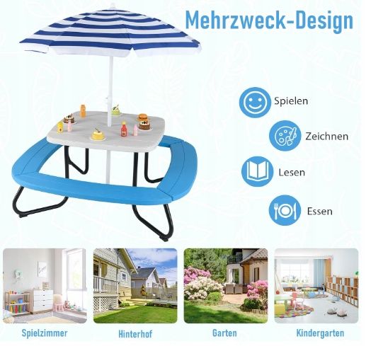 Zestaw Piknikowy Dla Dzieci 8 Osób Stół + Parasol + 4 Ławki HDPE