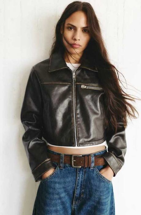 Casaco cabedal castanho Pull&Bear mulher Jaqueta curta polipele blusao biker motard