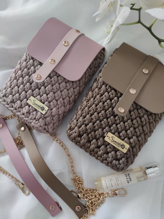 Torebka etui phone bag skóra naturalna szydełkowana