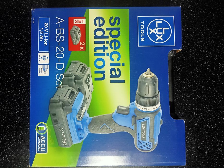 NOWA Wiertarko-wkrętarka LUX TOOLS: 2 akumulatory, walizka, gwarancja.