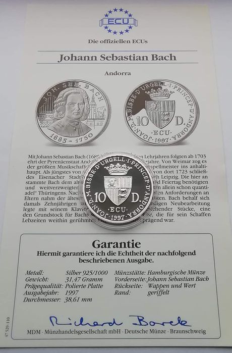 АНДОРРА. 10 дінерів 1997р. Себастьян Бах. СРІБЛО. ПРУФ! Сертифікат!