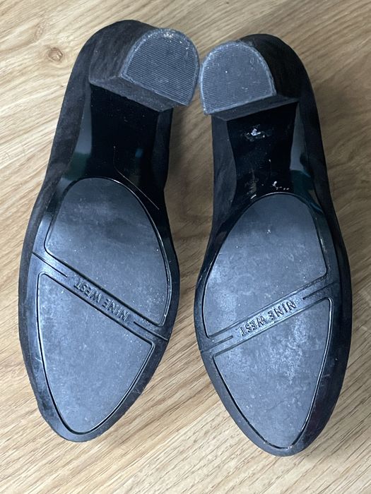 Damskie czółenka, buty obcasie, słupku, Nine West, czarne, skóra, 37