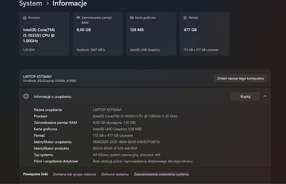 Laptop ASUS A509JA-BQ287T / i5 / 8 / 512