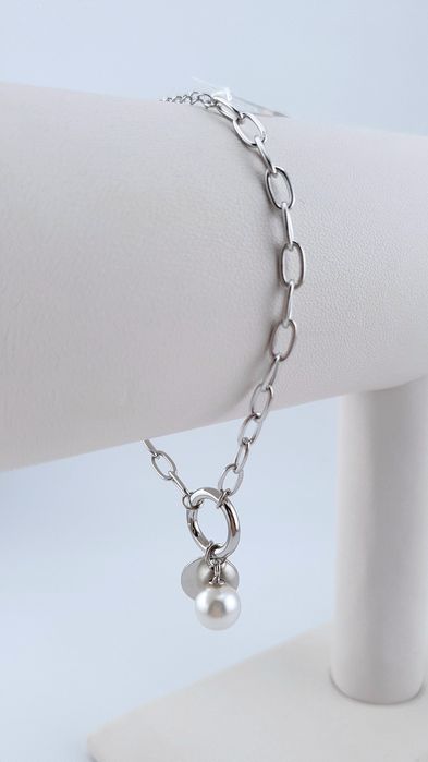 Modna bransoletka srebrna 925 rodowana z kółkiem i perłą regulowana Sentiell