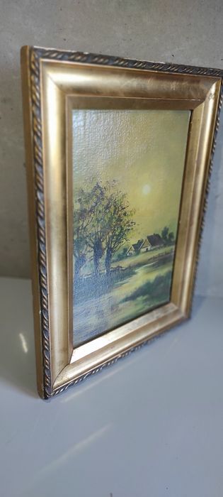 Stary obrazek Sygnowany Olej Rama Wieś Domek