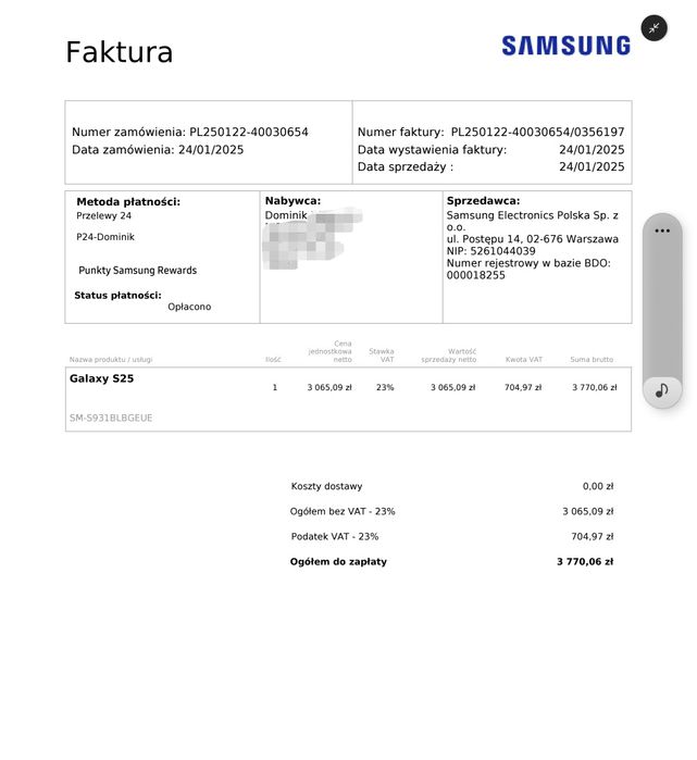 Samsung Galaxy S25 SM-S931B/DS 12GB 256GB Icyblue Uzywany Etui Folia