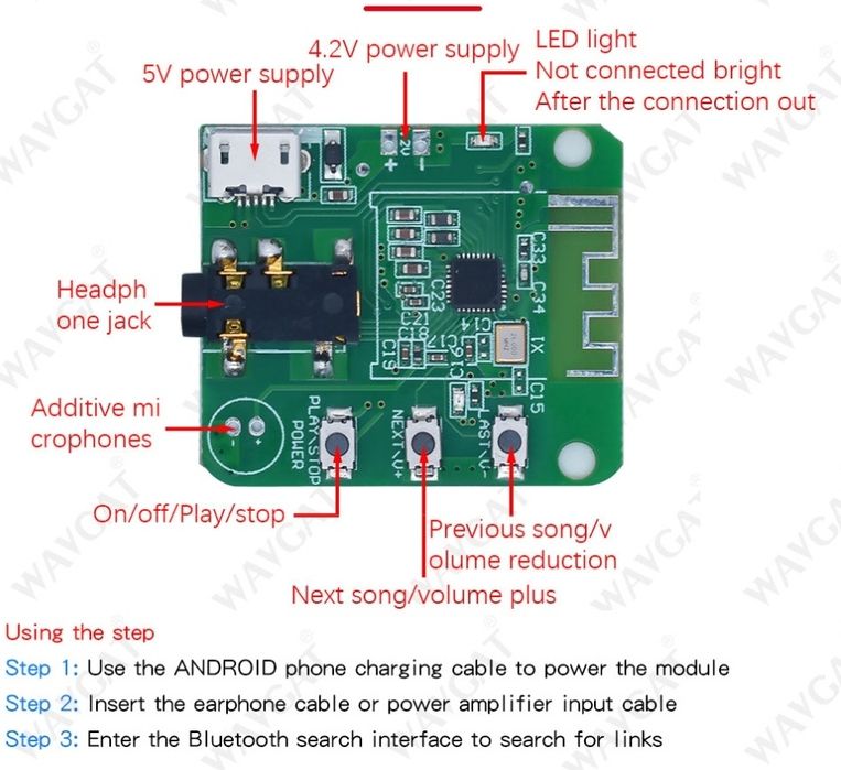 Аудио модуль приемник JDY-64 Bluetooth 4.2, DC 3.3-5В, AUX