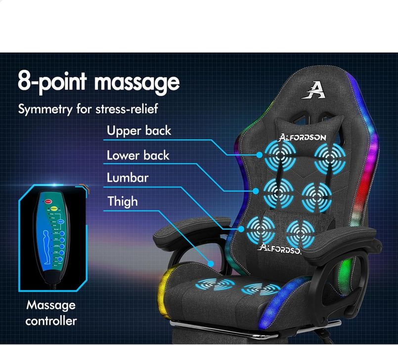 Fotel gamingowy z diodami LED masażi 8-punktowym masażem szare