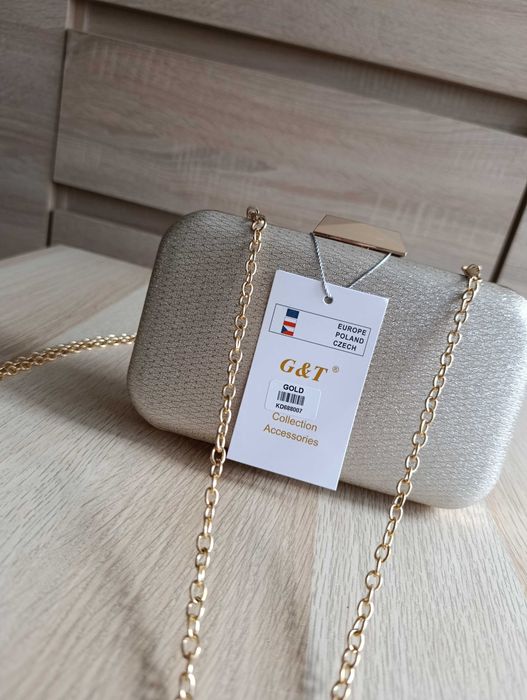 Kopertówka brokatowa Złota PUZDERKO łańcuszek nowa