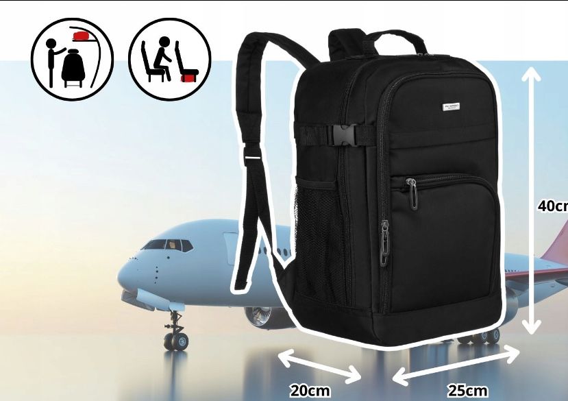 Plecak bagaż podręczny 40×20×25 cm – czarny plecak do samolotu